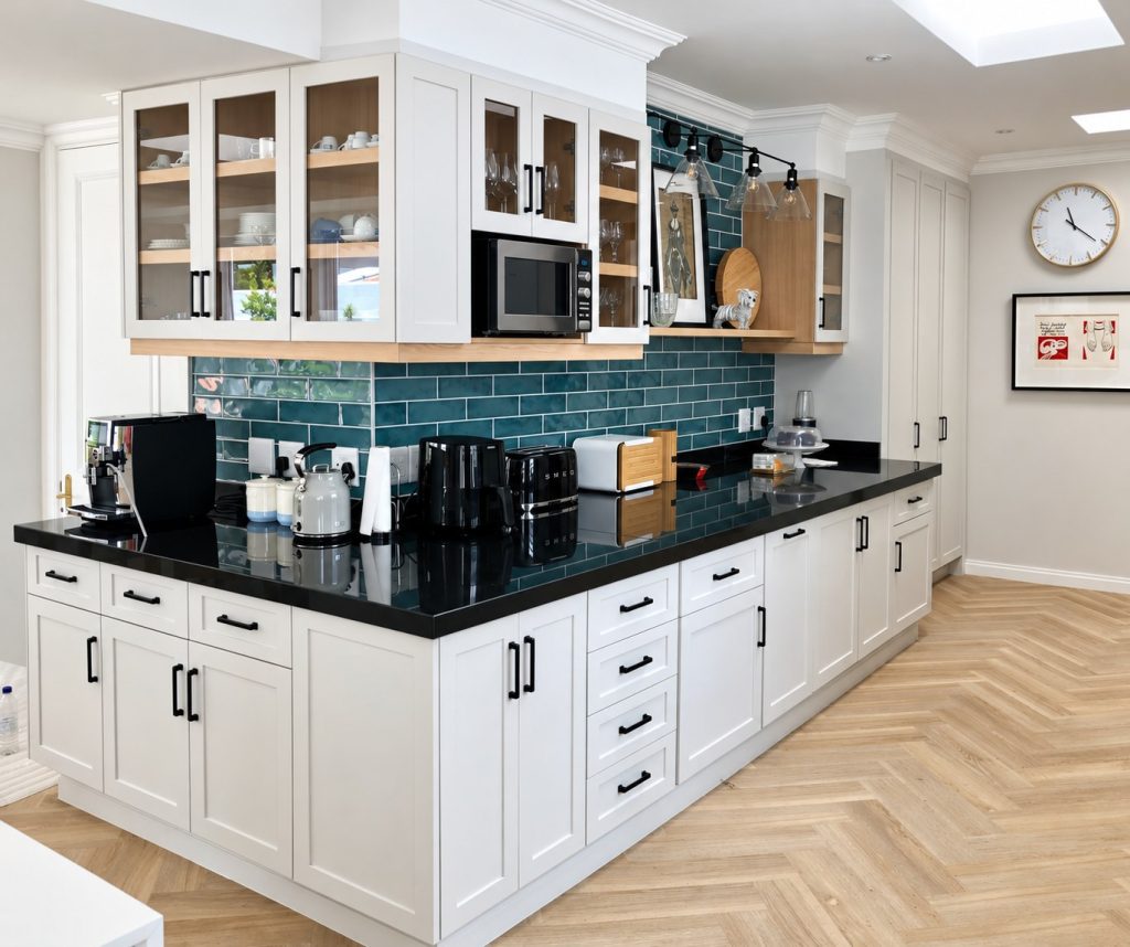 Handcrafted Cherryhill kitchen with teal tiled splashback