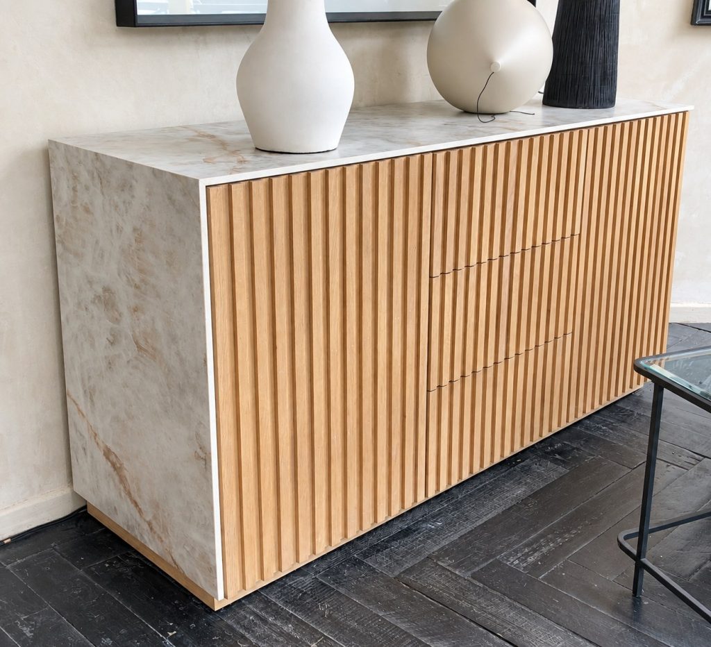 Fluted oak sideboard with marble top